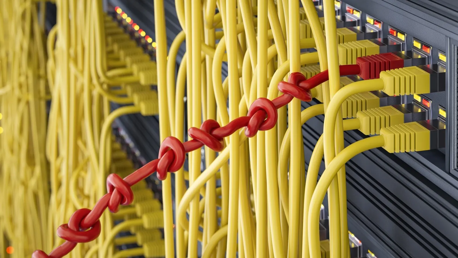 Viele verstrickte gelbe Kabel, die an einem Gerät angeschlossen sind, ein rotes Kabel enthält mehrere Knoten.