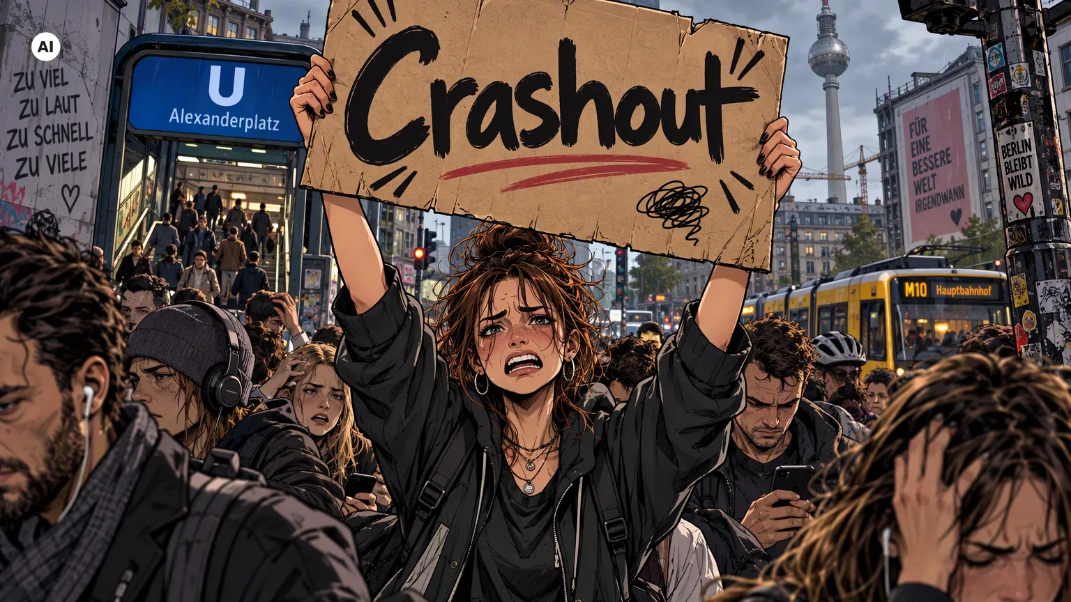 Eine Frau steht in einer Menschenmenge und hält ein Schild hoch, auf dem "Crashout" steht., KI-generiertes Bild (AI)