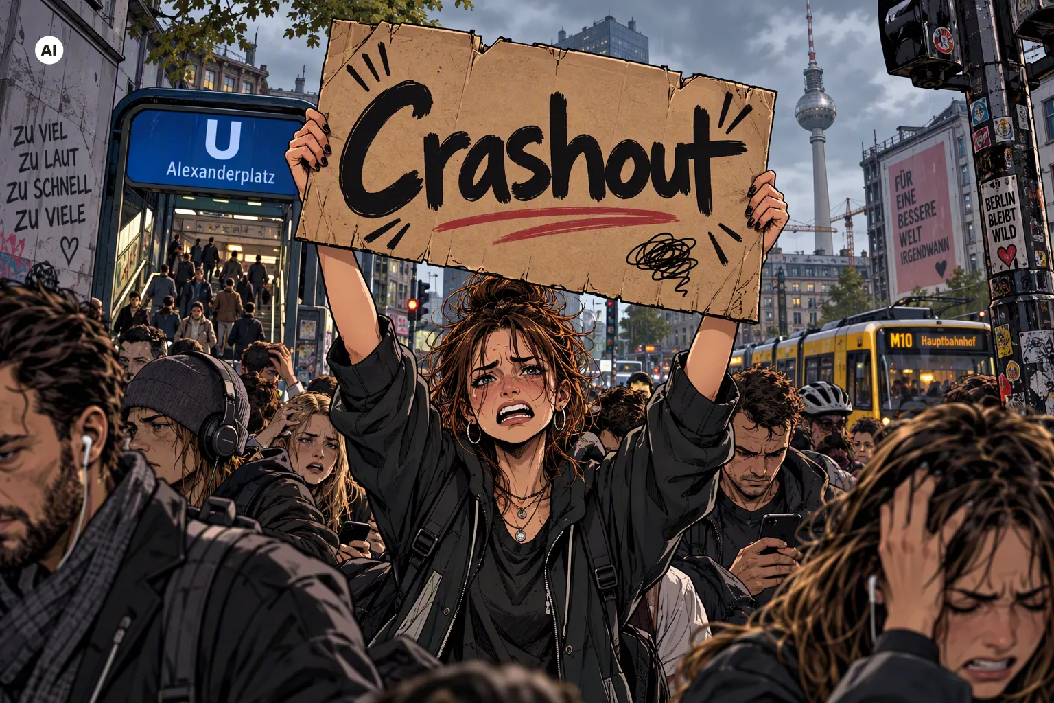 Eine Frau steht in einer Menschenmenge und hält ein Schild hoch, auf dem "Crashout" steht., KI-generiertes Bild (AI)