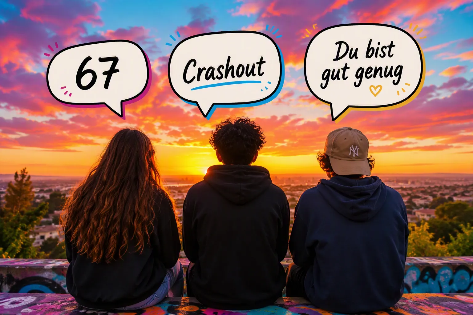 Drei Jugendliche sitzen nebeneinander und sprechen in Jugendsprache miteinander. Sie verwenden Begriffe wie 67, Crashout und Du bist gut genug.