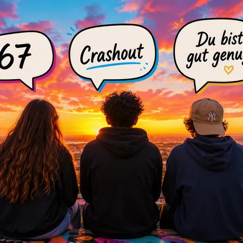 Drei Jugendliche sitzen nebeneinander und sprechen in Jugendsprache miteinander. Sie verwenden Begriffe wie 67, Crashout und Du bist gut genug.
