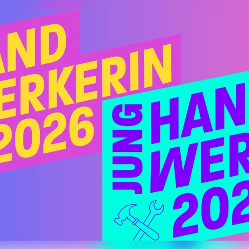Eine Grafik auf der "Junghandwerkerin 2026" in gelb und "Junghandwerker 2026" in lila steht.