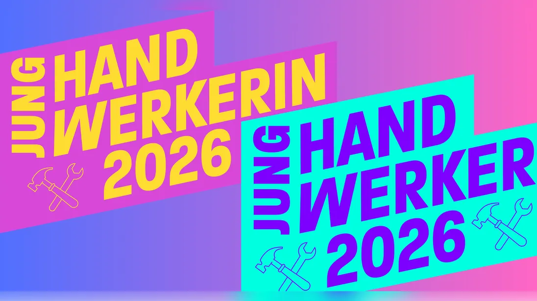 Eine Grafik auf der "Junghandwerkerin 2026" in gelb und "Junghandwerker 2026" in lila steht.