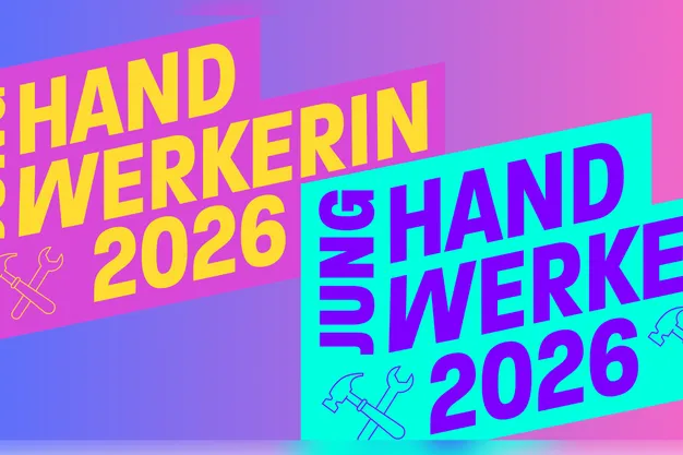 Eine Grafik auf der "Junghandwerkerin 2026" in gelb und "Junghandwerker 2026" in lila steht.