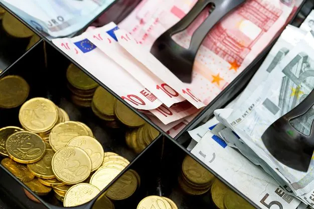 Kasse mit Euro-scheinen und Münzen