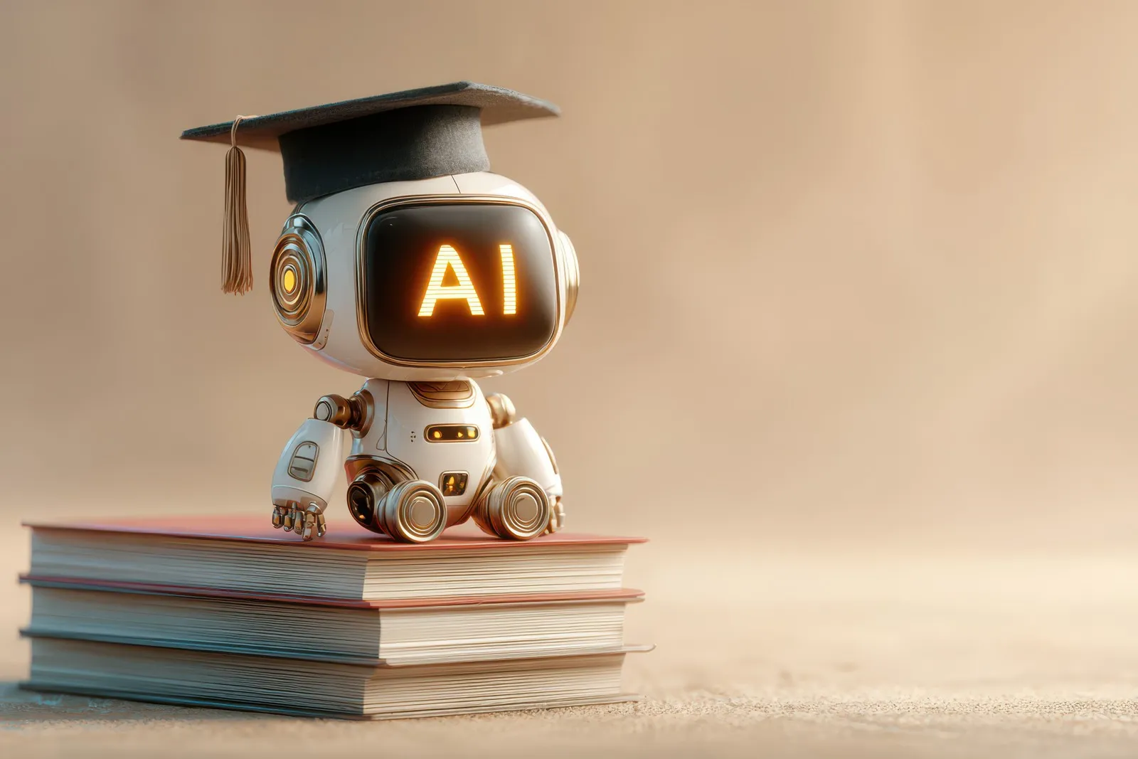 Ein niedlicher, futuristischer Roboter mit leuchtendem KI-Schriftzug auf dem digitalen Bildschirmgesicht, der einen Doktorhut trägt und auf einem Stapel Bücher sitzt – als Symbol für künstliche Intelligenz, Bildung und Wissen
