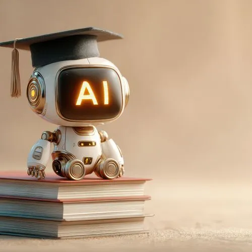 Ein niedlicher, futuristischer Roboter mit leuchtendem KI-Schriftzug auf dem digitalen Bildschirmgesicht, der einen Doktorhut trägt und auf einem Stapel Bücher sitzt – als Symbol für künstliche Intelligenz, Bildung und Wissen