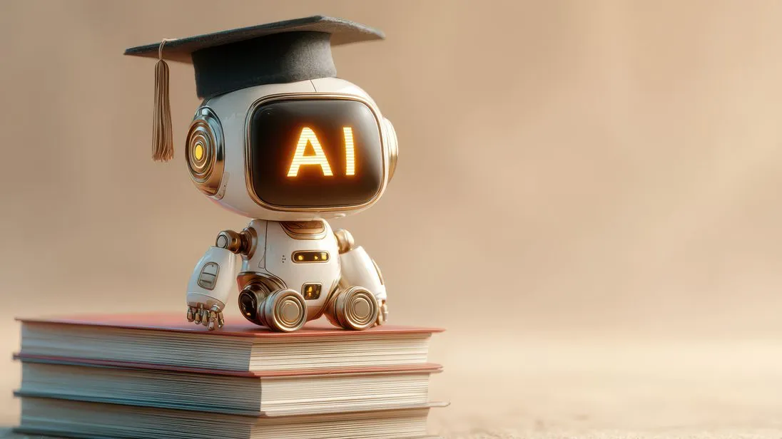 Ein niedlicher, futuristischer Roboter mit leuchtendem KI-Schriftzug auf dem digitalen Bildschirmgesicht, der einen Doktorhut trägt und auf einem Stapel Bücher sitzt – als Symbol für künstliche Intelligenz, Bildung und Wissen
