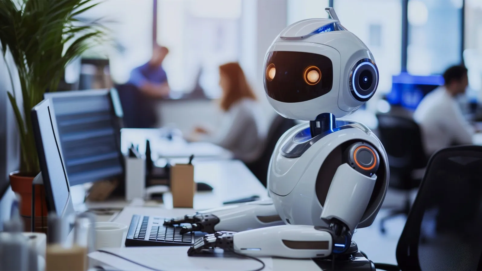 Ein weißer Roboter sitzt an einem Schreibtisch in einem Büro.