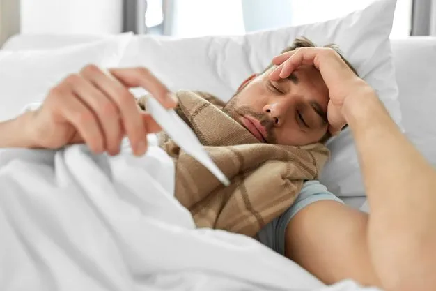 Ein kranker Mann liegt im Bett und schaut auf sein Thermometer.