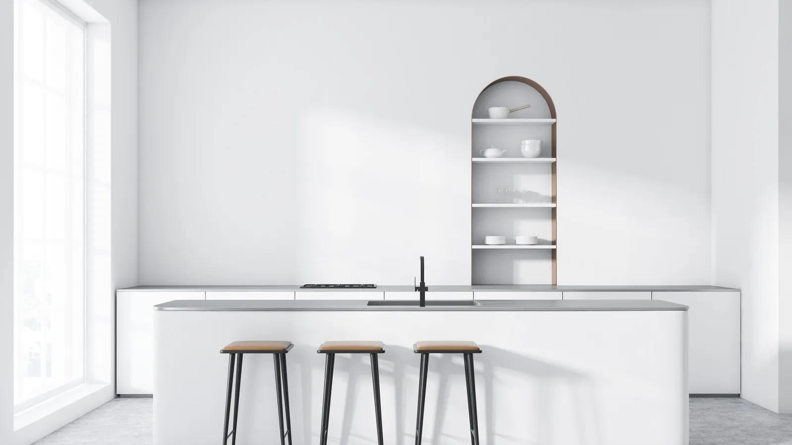 Interior of modern kitchen with white walls, concrete floor, arched cupboard, white countertops with built in cooker and white bar with stools. 3d rendering