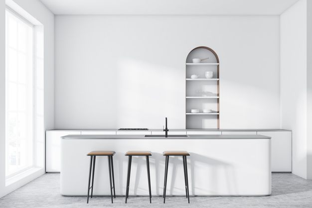 Interior of modern kitchen with white walls, concrete floor, arched cupboard, white countertops with built in cooker and white bar with stools. 3d rendering