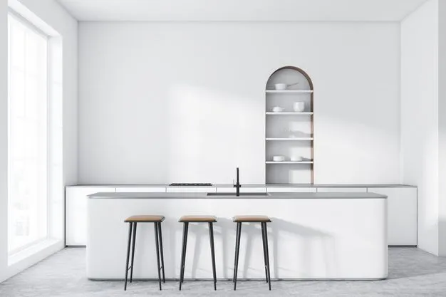 Interior of modern kitchen with white walls, concrete floor, arched cupboard, white countertops with built in cooker and white bar with stools. 3d rendering