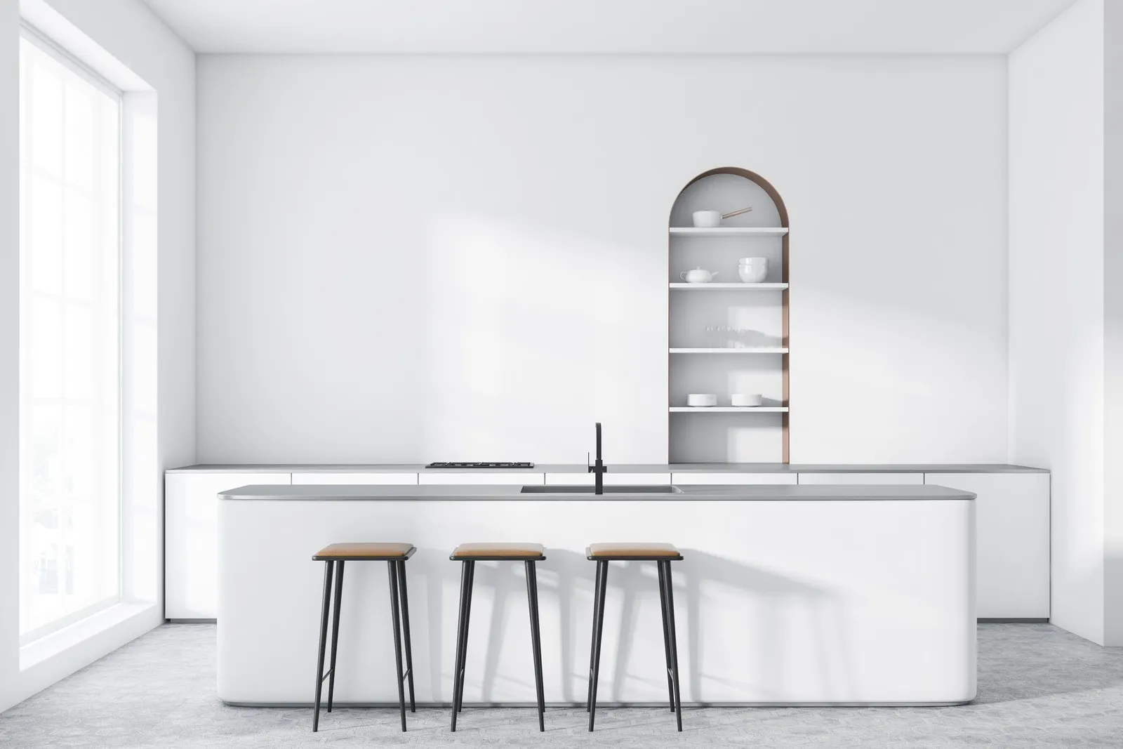 Interior of modern kitchen with white walls, concrete floor, arched cupboard, white countertops with built in cooker and white bar with stools. 3d rendering