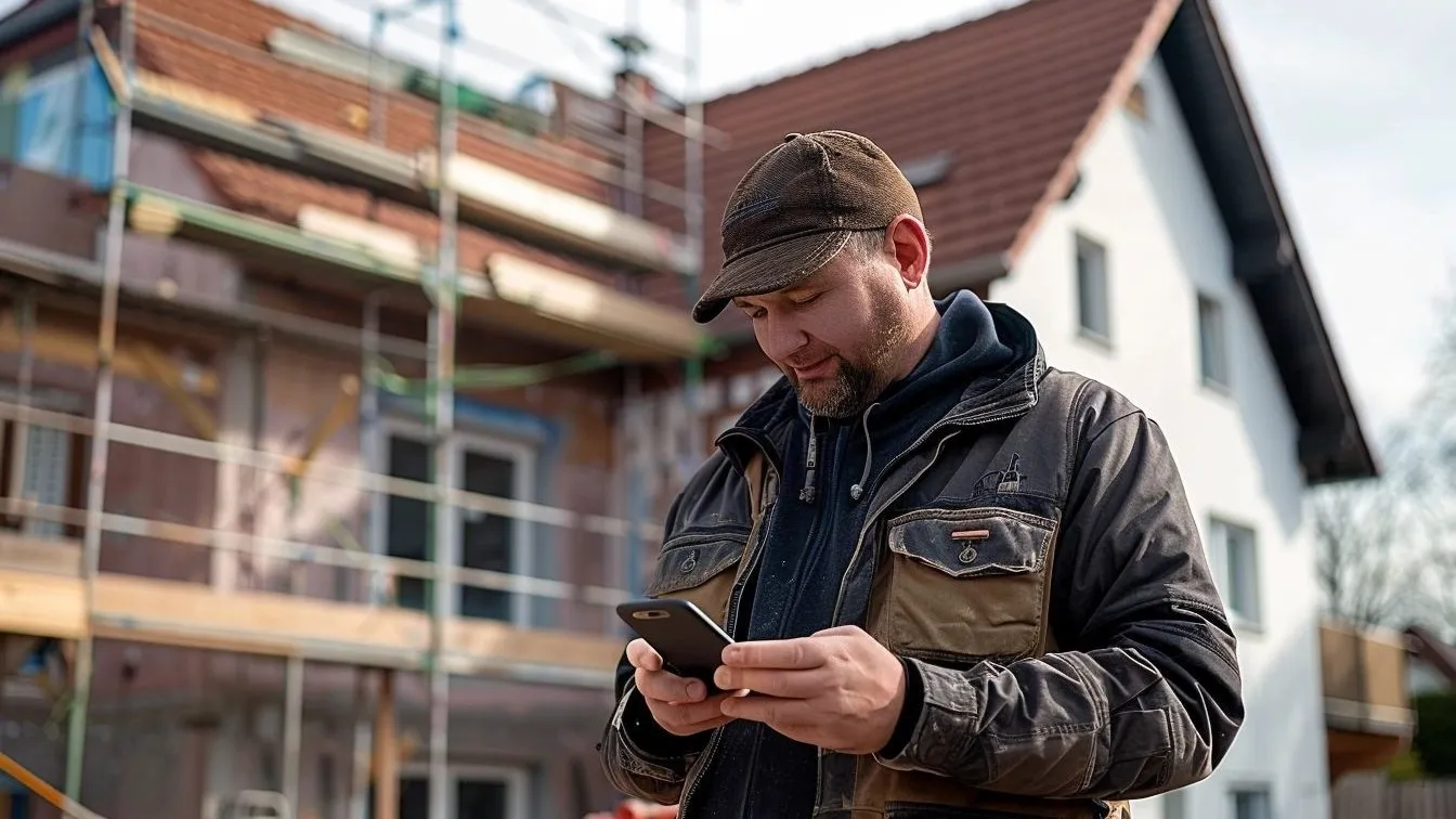 Ein Handwerker steht vor einem Haus, an dem ein Baugerüst angebracht ist, und schaut auf sein Smartphone.