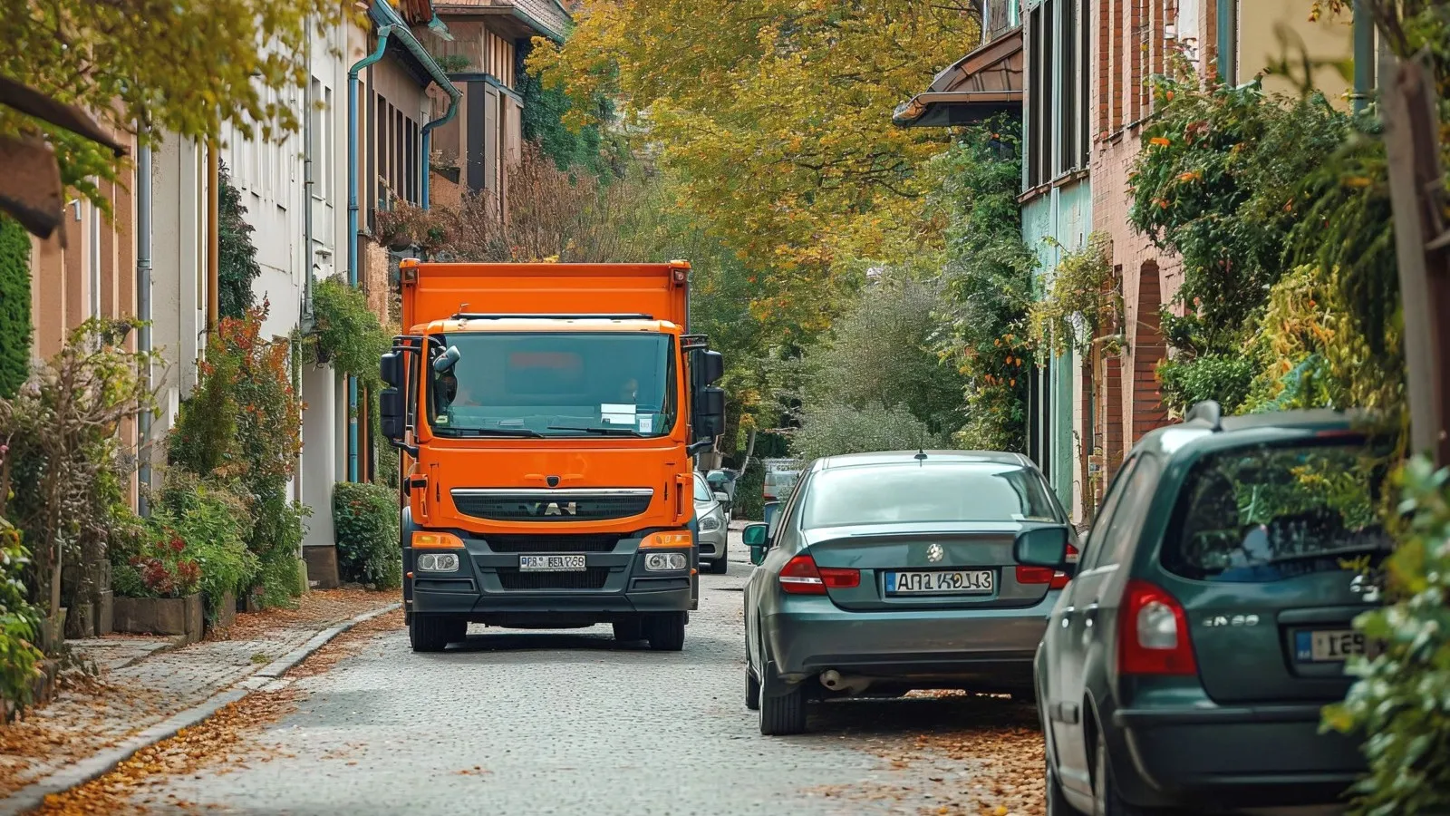 Ein orangener Müllabfuhrwagen befährt eine Straße. Daneben stehen zwei wartende Pkws.