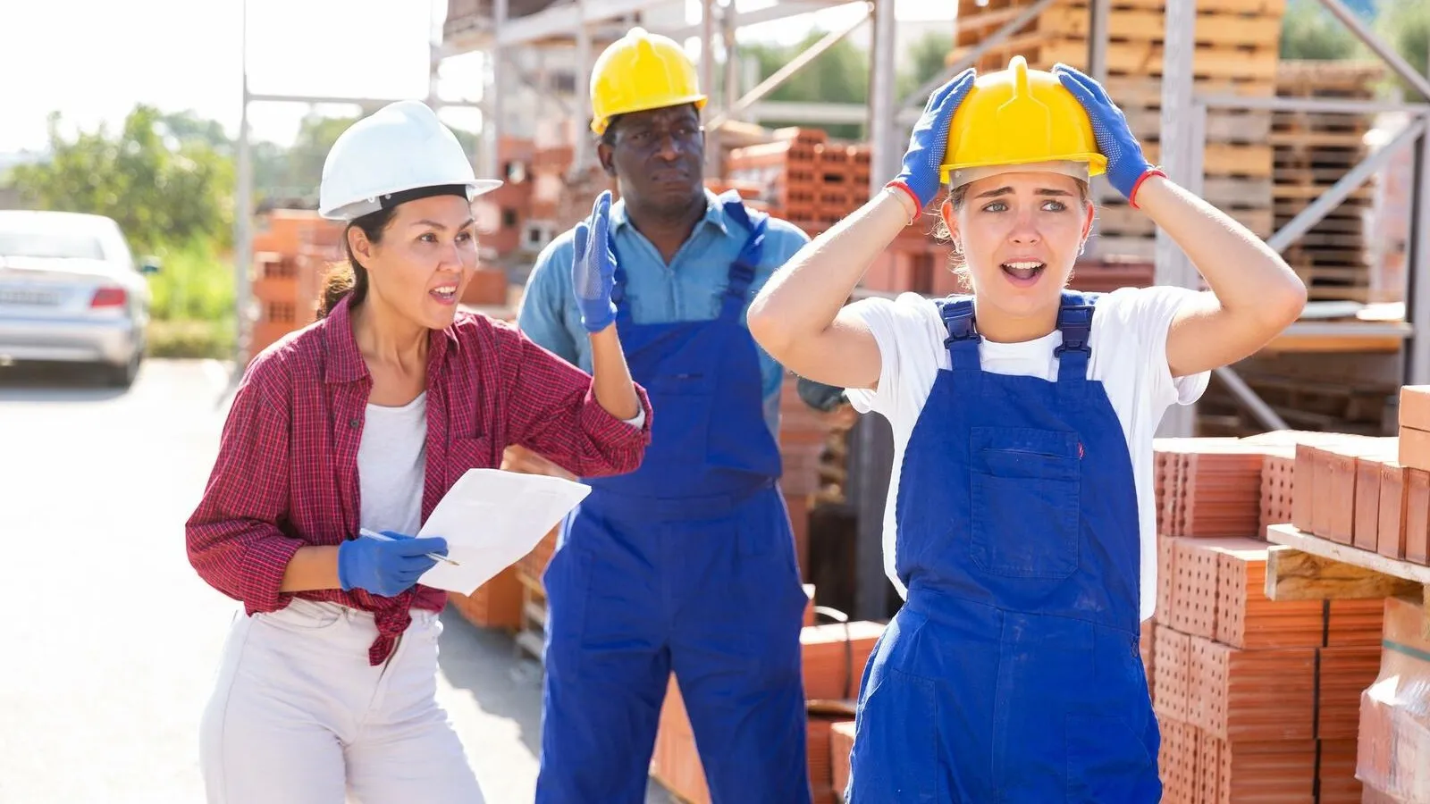 Zwei Handwerker (eine Frau vorne, ein Mann dahinter) tragen gelbe Schutzhelme und eine blaue Latzhose. Die vorne stehende Frau hält sich an den Kopf und wirkt schockiert. Links neben den Handwerkers steht eine Frau in einem rot karierten Hemd und einem weißen Schutzhelm, sie schaut die Handwerkerin von der Seite an.