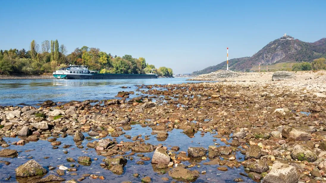 Ein Binnenschiff fährt trotz Niedrigwasser auf dem Rhein.