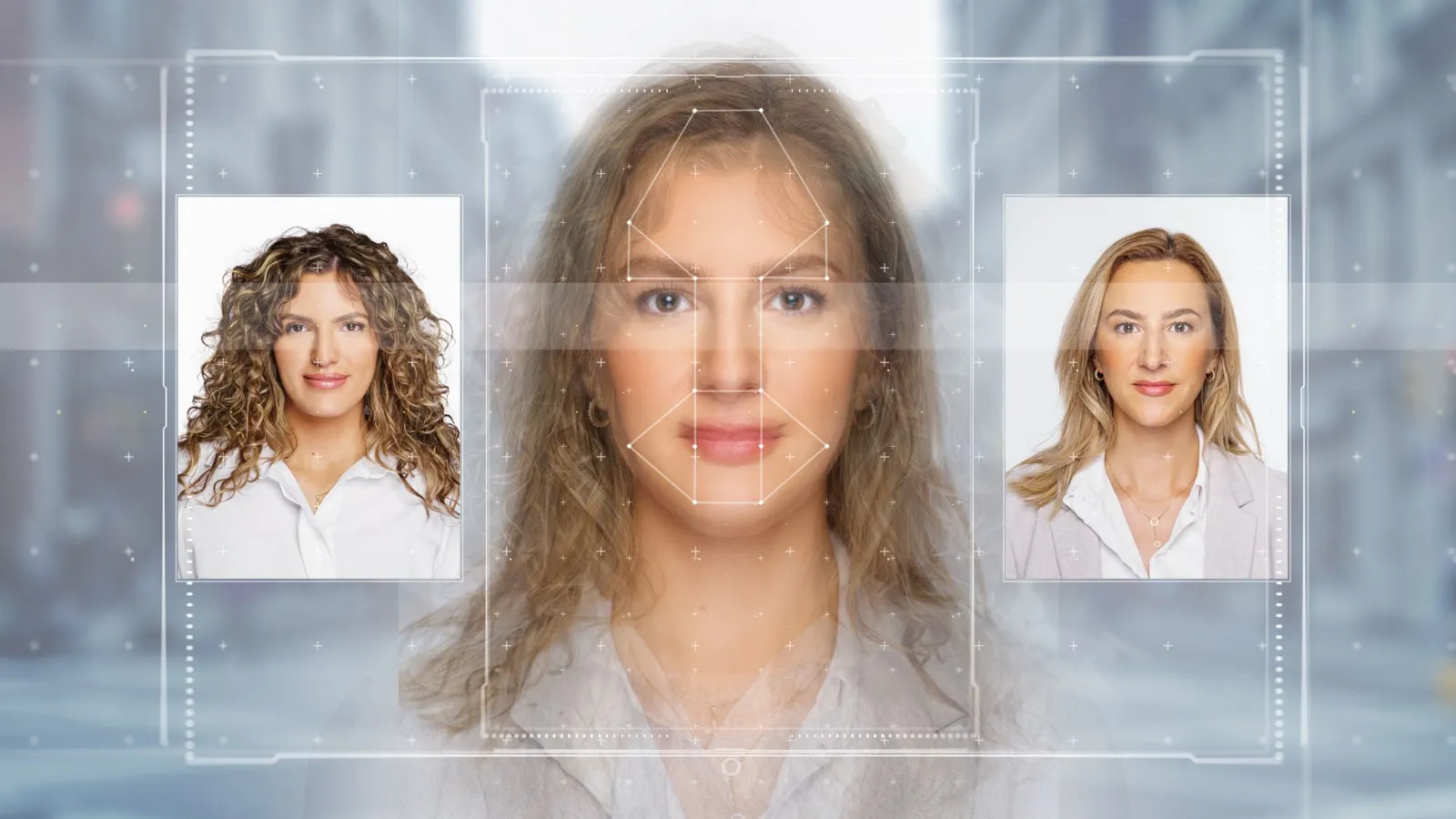Eine Frau blickt in die Kamera, während ihr Gesicht digital analysiert wird. Rechts und links daneben sind die Passfotos zweier weiterer Frauen zu sehen.