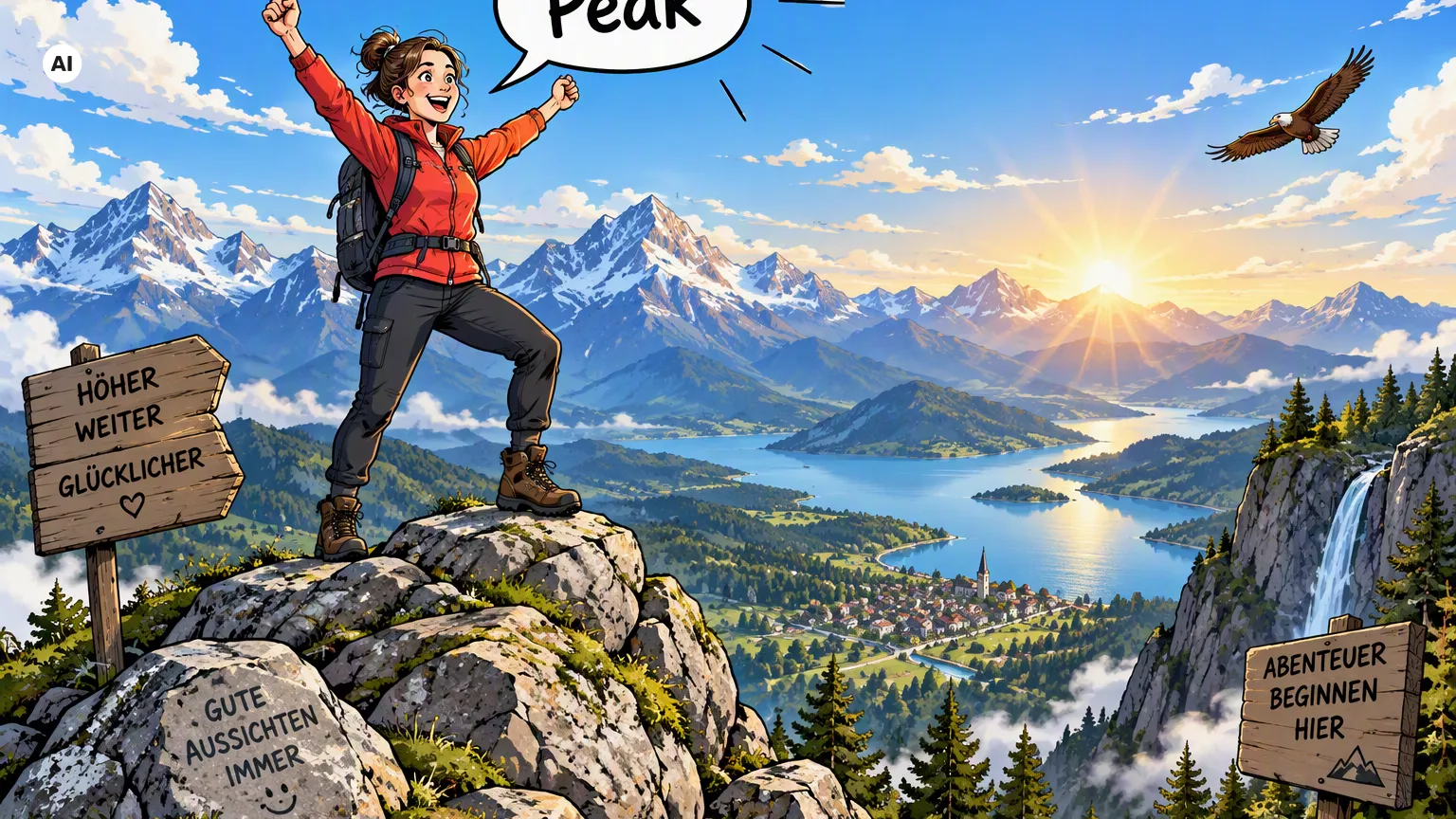 Eine Frau steh auf einem Berg, jubelt und ruft "Peak", was durch eine Comicsprechblase angedeutet wird., KI-generiertes Bild (AI)