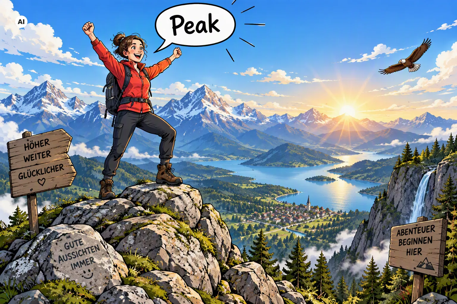 Eine Frau steh auf einem Berg, jubelt und ruft "Peak", was durch eine Comicsprechblase angedeutet wird., KI-generiertes Bild (AI)