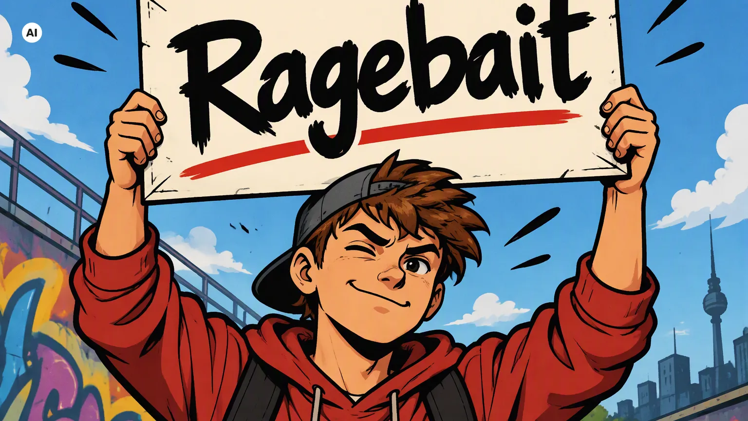 Ein Jugendlicher hält ein Schild hoch auf dem "Ragebait" steht.