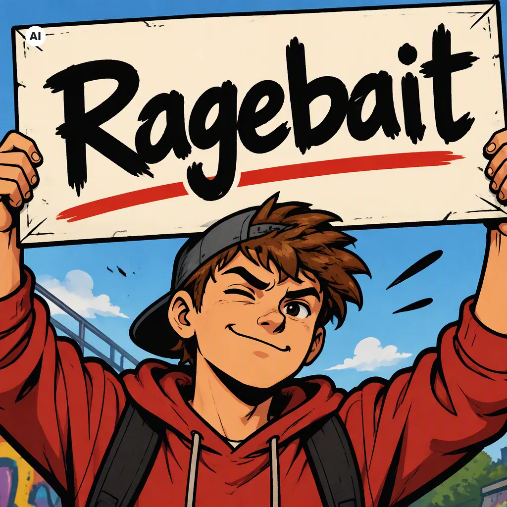Ein Jugendlicher hält ein Schild hoch auf dem "Ragebait" steht.