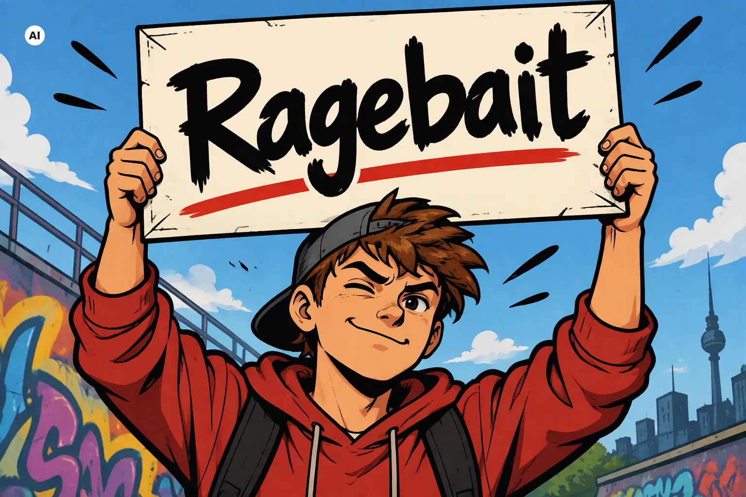 Ein Jugendlicher hält ein Schild hoch auf dem "Ragebait" steht., KI-generiertes Bild (AI)