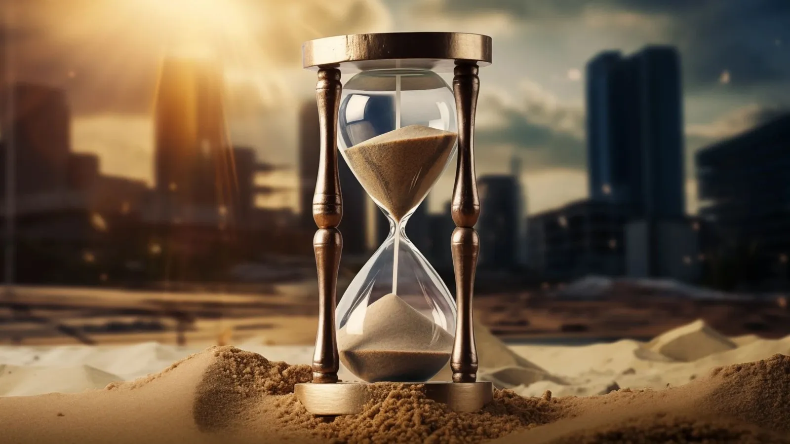 Nahaufnahme einer laufenden Sanduhr, die im Sand steht mit mehreren Hochhäusern im dunklen Hintergrund.