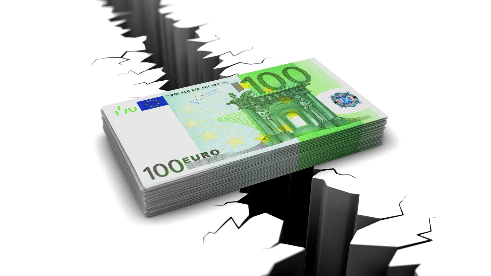 Ein Spalt tut sich im Boden tut sich über einem Bündel Euro-Scheinen auf,