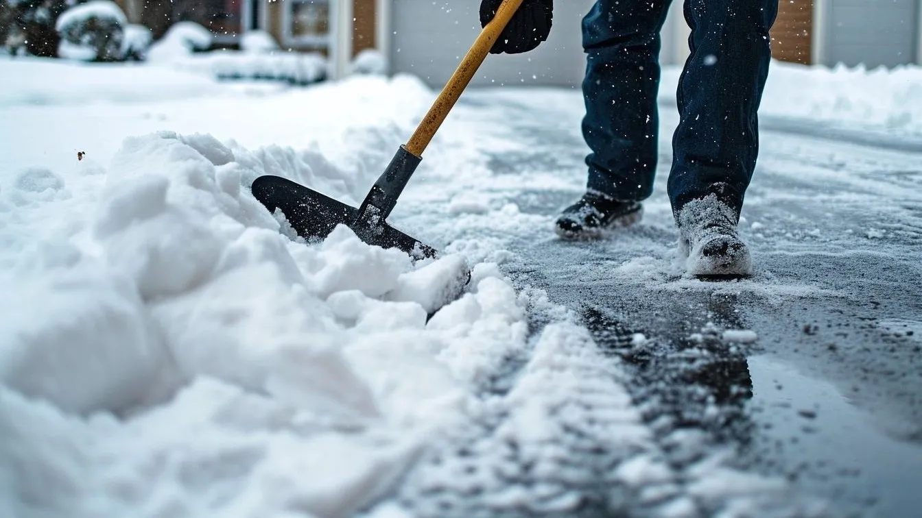 Eine Person räumt den Schnee von einem Weg weg.