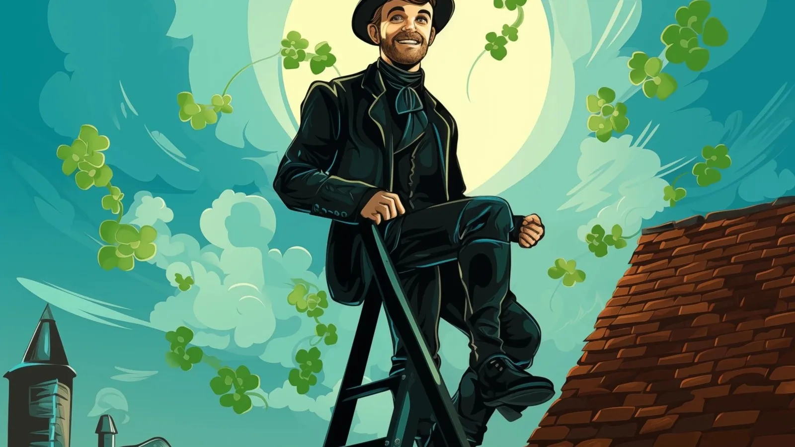 Ein comicartiges Bild, in dem ein Mann in traditioneller Schornsteinfeger Berufsbekleidung auf einer Leiter sitzt. Im Hintergrund ist der Mond, ein blau-grüner Himmel und ein Teil eines Daches zu sehen. Um den Schornsteinfegerherum fliegen vierblättrige Kleeblätter.