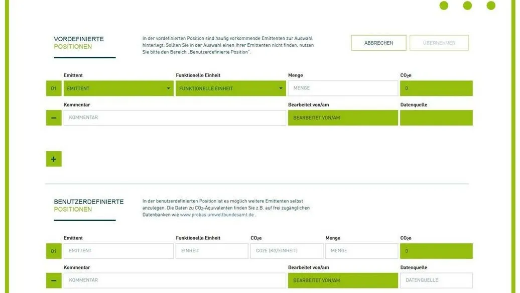Die Eingabemaske enthält Vorschläge für Emissionsträger. So soll Betrieben die Auflistung erleichtert werden.