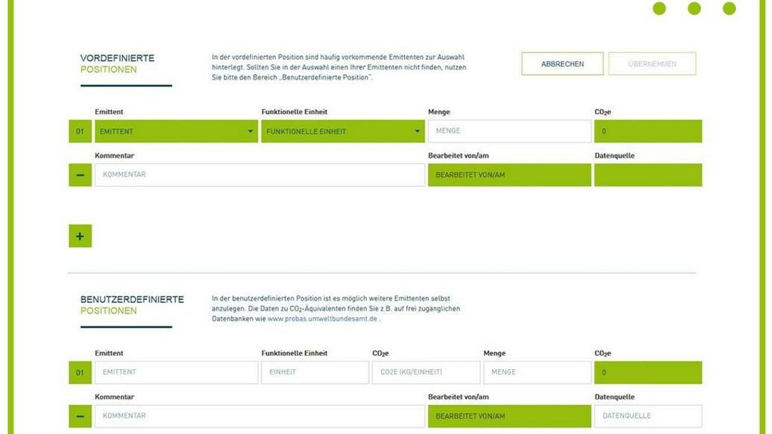 Die Eingabemaske enthält Vorschläge für Emissionsträger. So soll Betrieben die Auflistung erleichtert werden.