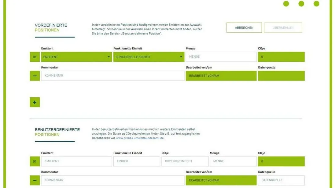Die Eingabemaske enthält Vorschläge für Emissionsträger. So soll Betrieben die Auflistung erleichtert werden.