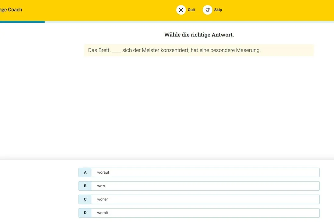 Das Tool generiert verschiedene Aufgaben, hier zu Relativsätzen im Kontext unseres Themas „Tischlerei-Ausbildung“.