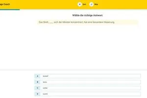 Das Tool generiert verschiedene Aufgaben, hier zu Relativsätzen im Kontext unseres Themas „Tischlerei-Ausbildung“.