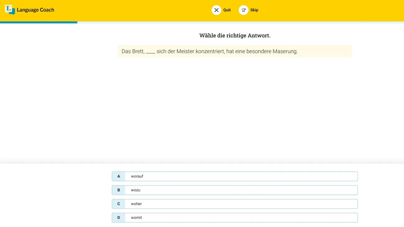 Das Tool generiert verschiedene Aufgaben, hier zu Relativsätzen im Kontext unseres Themas „Tischlerei-Ausbildung“.