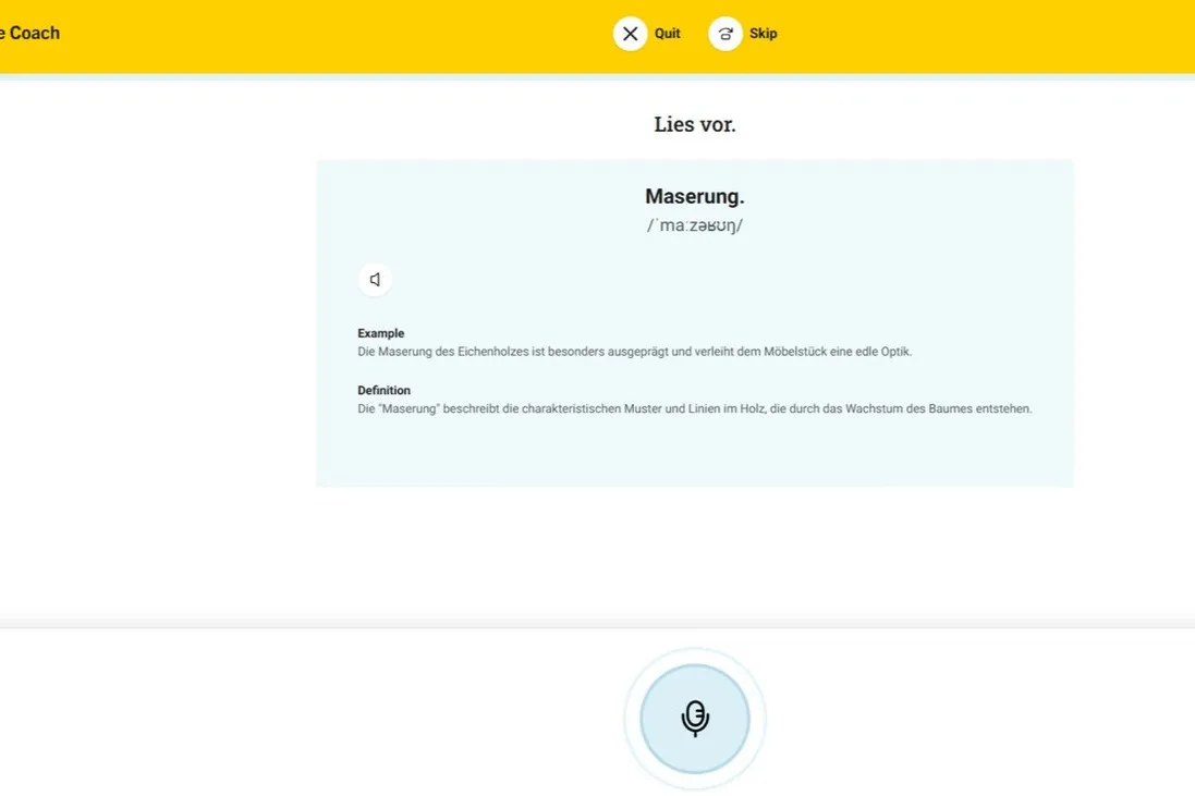 Fachbegriffe wie „Maserung“ werden mit einer Definition und Beispielen erklärt. Zusätzlich gibt es eine Aussprachübung.