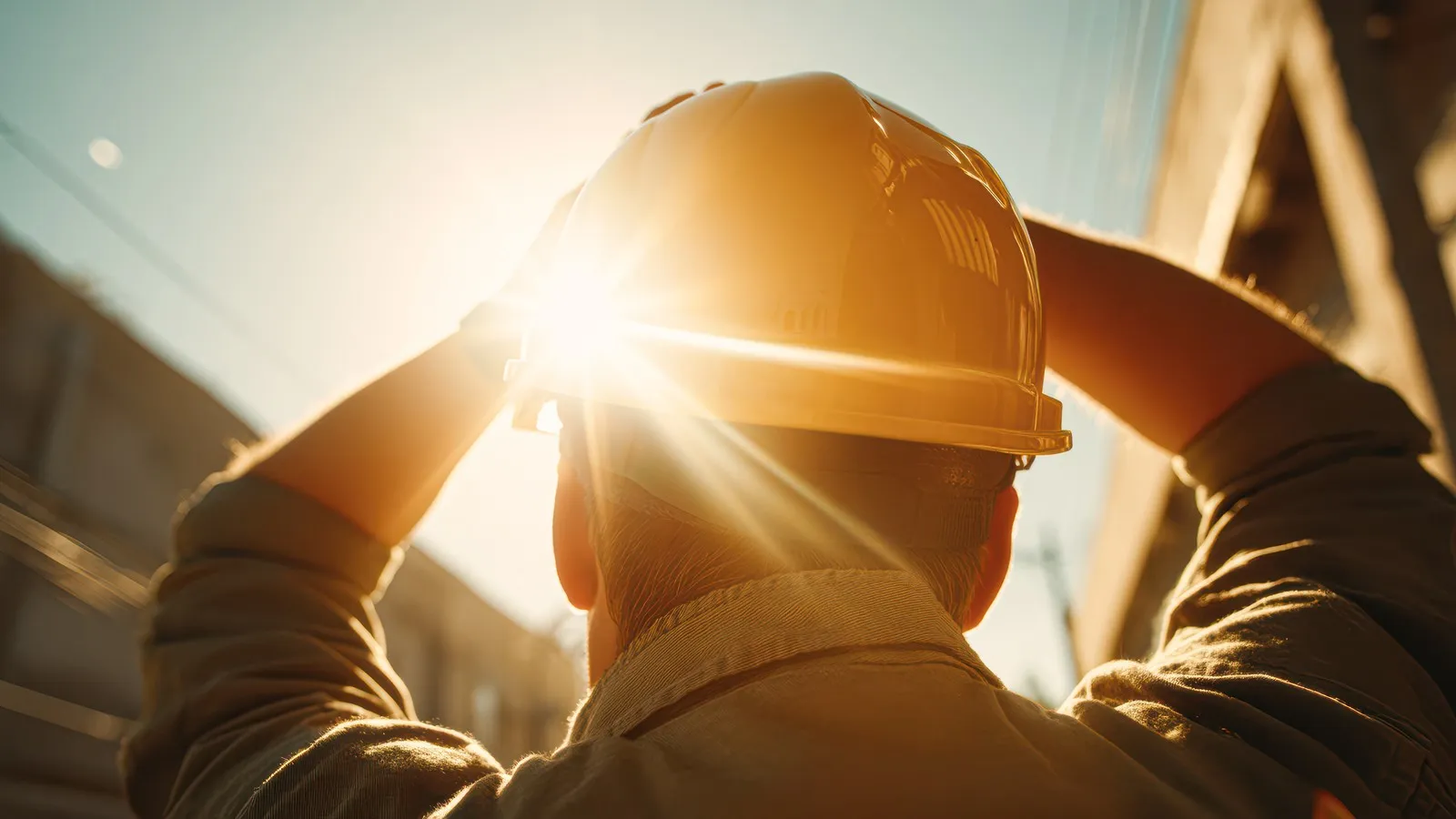 Ein Bauarbeiter mit Schutzhelm steht im Freien, blickt in die Sonne und stützt die Hände auf den Helm.