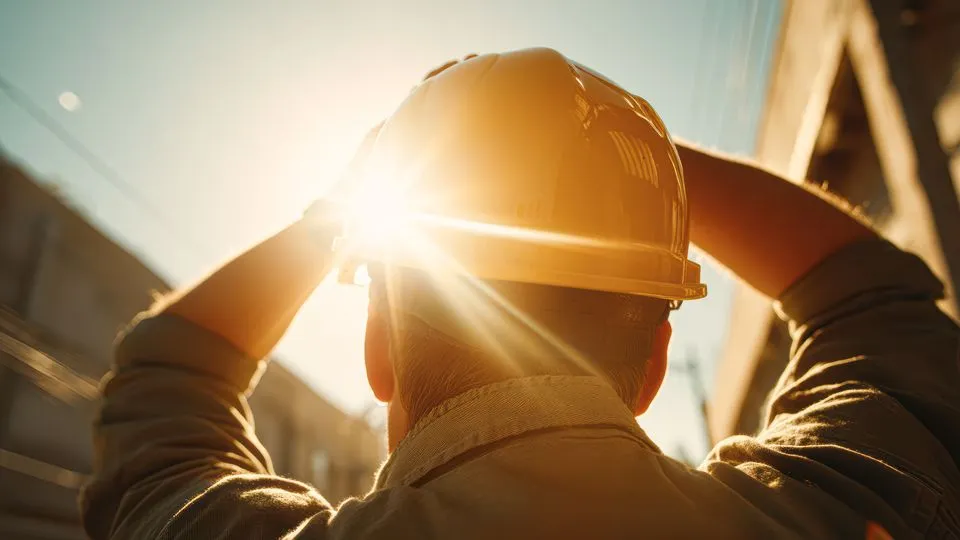 Ein Bauarbeiter mit Schutzhelm steht im Freien, blickt in die Sonne und stützt die Hände auf den Helm.