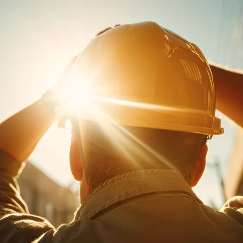 Ein Bauarbeiter mit Schutzhelm steht im Freien, blickt in die Sonne und stützt die Hände auf den Helm.
