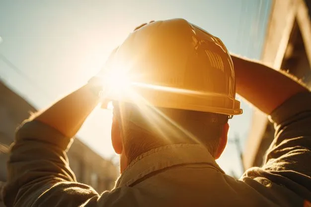 Ein Bauarbeiter mit Schutzhelm steht im Freien, blickt in die Sonne und stützt die Hände auf den Helm.