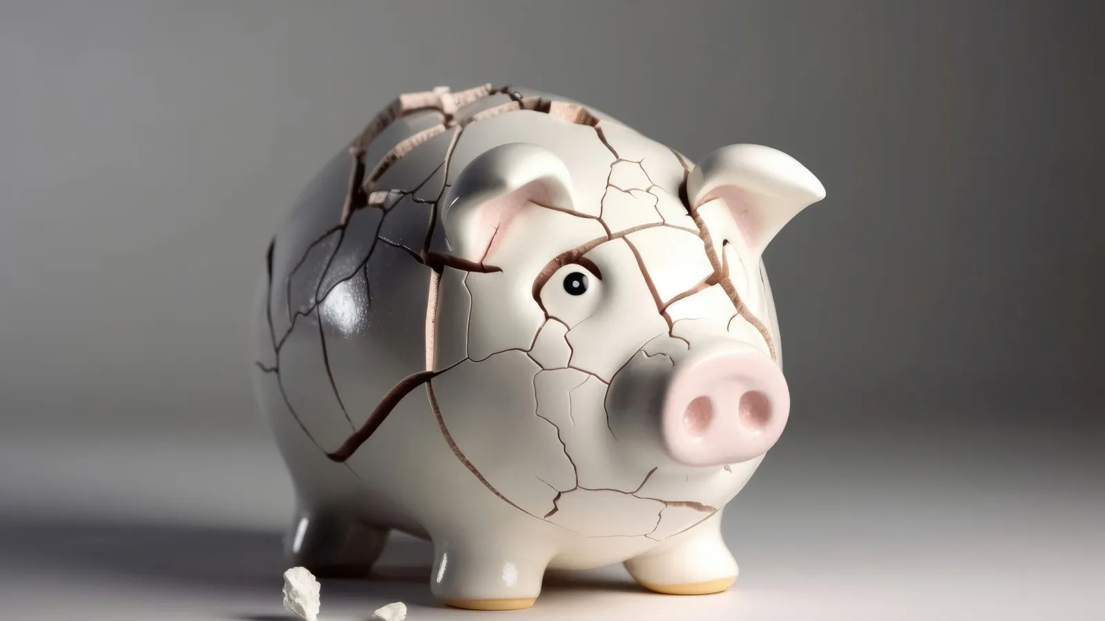 Ein Sparschwein, das kaputt ist und dessen Einzelteile zusammengeklebt wurden.