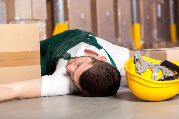 Arbeitsunfall, Mann liegt am Boden mit Helm