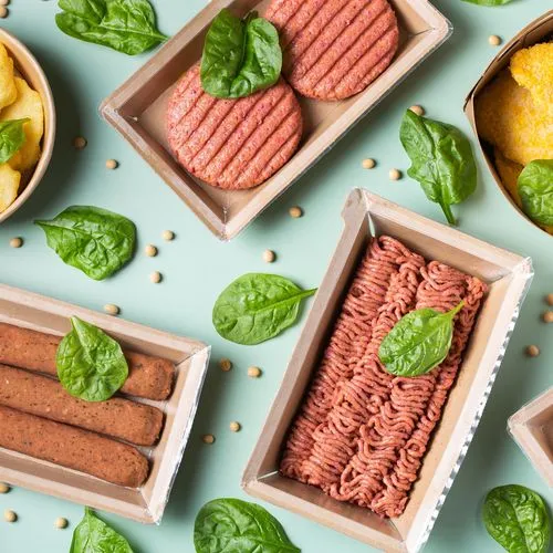 Eine Auswahl an Veggie-Produkten wie Veggie-Hackfleisch und Veggie-Burger sind auf einem Tisch angerichtet.