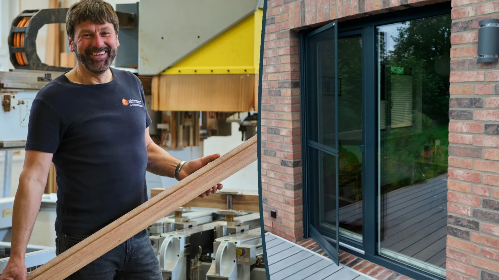 Sven Waltemathe links im Bild steht mit einer Holzleiste in einer Werkstatt. Rechts wird ein Ausschnitt einer modernen schwarzen Terassentür mit integriertem Fliegengitter gezeigt.