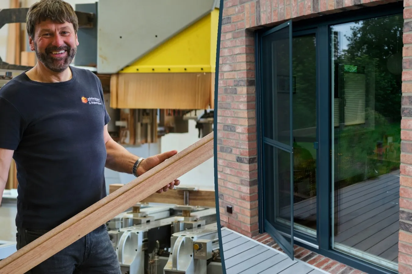 Sven Waltemathe links im Bild steht mit einer Holzleiste in einer Werkstatt. Rechts wird ein Ausschnitt einer modernen schwarzen Terassentür mit integriertem Fliegengitter gezeigt.