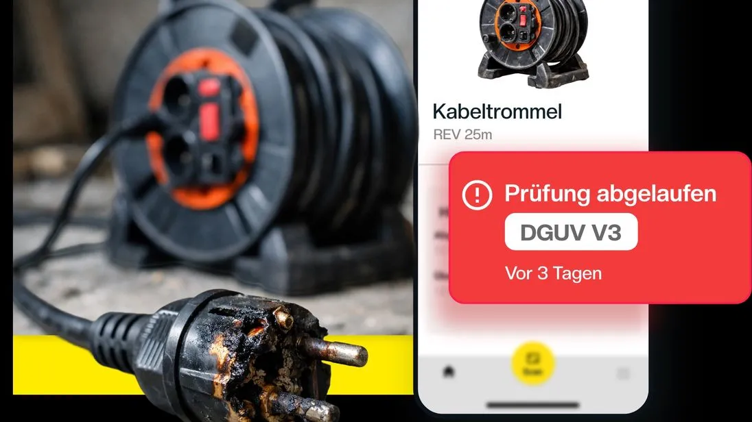 Eine Kabeltrommel mit einem verrostetem Stecker. Daneben ein Pop-Up wo drauf steht "Prüfung abgelaufen".
