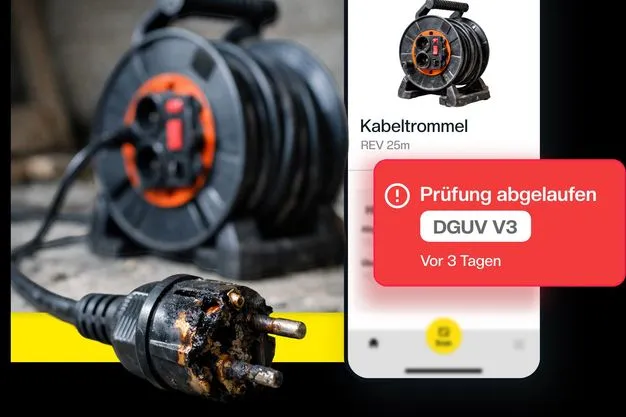 Eine Kabeltrommel mit einem verrostetem Stecker. Daneben ein Pop-Up wo drauf steht "Prüfung abgelaufen".